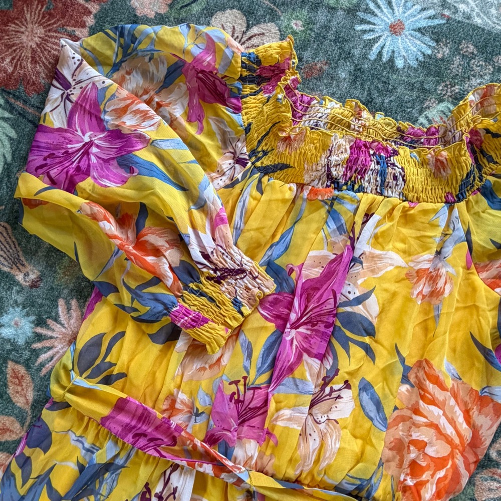 Kate and Lily Yellow Floral Maxi Dress Smocked Off Shoulder Long Sleeve Size 14